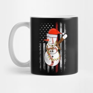 Christmas Snowman Playing Baseball with Us Flag Background Mug